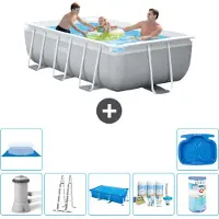 Intex Rechteckiges Prisma-Rahmen-Schwimmbecken – 300 x 175 x 80 cm – Grau – inklusive Pumpe – Leiter Sonnensegel - Wartungspaket - Filter - Bodenplane - Fußbad