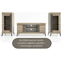 Meblomania COSMO Wohnwand TV-Schrank Set auf Beinen, Wohnzimmerset, Fernsehtisch und 2 Vitrinen - Trüfel Eiche