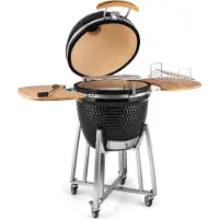 Klarstein Kamado-Grill - zum Grillen, langsamen Garen, Smoken oder Backen, abnehmbare Seitenteile, Keramik, Edelstahl, Bambus, Thermometer von 0-450 °C, 3 Rollen, 75 x 132 x 125 cm, schwarz