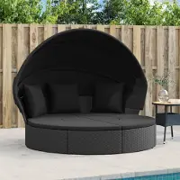 vidaXL Design New Outdoor-Loungebett mit Dach und Kissen Schwarz Poly Rattan Gartenliegen CC69015855