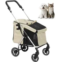 BundiGlassware Hundewagen, Leichter und faltbarer Transportwagen für kleine Hunde, waschbares Kissen, Netzfenster, Khaki