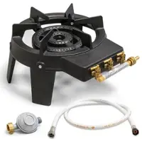Meva Gaskocher aus echtem Gusseisen 9.8 KW 4 Beine 3 Hähne + Gasschlauch 1.50m und Butan-Druckminderer