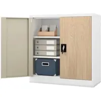 DELUKE Aktenschrank abschließbar KADO - 3 Ebenen, Flügeltüren | Metallschrank Werkstatt Büroschrank aus Stahl Werkzeugschrank, 93x90x40cm Weiß-Sonoma Eiche