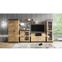 Meblomania Wohnwand FENIX Anbauwand 6-teilig Schrankwand, Kleiderschrank, Fernsehschrank, Vitrine, zwei Wandregale, Kommode, Goldene Eiche