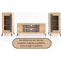 Meblomania COSMO Wohnwand TV-Schrank Set auf Beinen, Wohnzimmerset, Fernsehtisch und 2 Vitrinen - Goldene Eiche