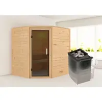Karibu Sauna Innensauna Mia Eckeinstieg Ofen 9 kW integr. Strg 196x169x198 cm ohne Dachkranz mit Graphittür