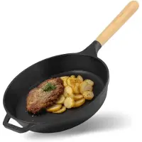 Brizoll Ø22cm 40mm tief Gusseisenpfanne Bratpfanne aus Gusseisen Eisenpfanne Gusspfanne rund mit Holzgriff von 4big.fun INDUKTION für alle Herdarten