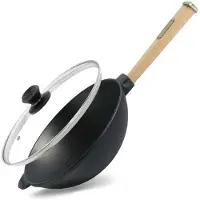 Brizoll Wok Bratpfanne Ø24 cm 2,2 L aus Gusseisen mit Holzgriff Glasdeckel Asia Wokpfanne Induktion