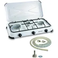 Kemper Tragbarer Gaskocher mit 3 Flammen 3450W Weiß lackiert Deckel Kochplatte + Gasschlauch