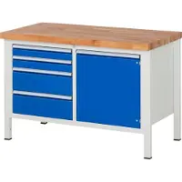 RAU Werkbank Serie 8470, 4 Schubladen, 1 Fachboden mit Tür, B 1250 x T 700 x H 840-1040 mm