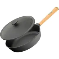 Brizoll Ø22cm 43mm hoch Gusseisenpfanne mit Holzgriff und Gusseisen Deckel Induktion Bratpfanne
