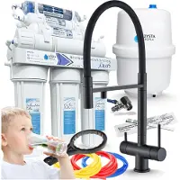ARI Wasserfilter Set RO7 mit 3-Wege Küchenarmatur HighFlex Schwarz Matt, 7-stufige Umkehrosmose, Mineralisierung