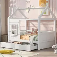 Xdovet Hausbett Kinderbett Jugendbett mit vielseitiges Holz Kinderbett, Massivholz Kinder Bett mit Fenster und Lattenrost, 80*160cm