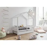 TIMBEE HUFIE Box Hausbett Kinderbett Holz Kinderzimmer Bett - Weiß - 100x200cm