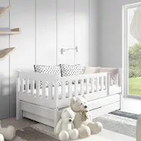 Jerpax Kinderbett 160 x 80 cm mit Matratze, Unterbett und Schublade, Doppelbett mit Rausfallschutz Weiß KAJA