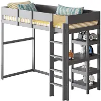 XTEILC Hochbett mit Ablage(Grau,90x200cm)Bettgestell aus massivem Kiefernholz mit Lattenrost,Bett für Kinder und Jugendliche