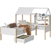 Xdovet Kinderbett mit Rausfallschutz und Lattenrost,L-förmigem Schreibtisch und Bücherregal,Schubladen mit Rollen,multifunktionales Hausbett aus Massivholz