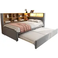 Xdovet Schlafsofa(Dunkelgrau)Ausziehbett,ausgestattet mit LED Leuchten,Steckdosen und vielen Ablagefächern,Polsterbett,Multifunktionsschlafsofa,Einzelbett