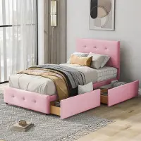 Autolock Polsterbett 90 x 200 cm(Rosa)Einzelbett,Kinderbett mit Lattenrost, Rückenlehne und zwei Schubladen hautfreundlicher Samtstoff (ohne Matratze)