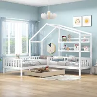 Xdovet Kinderbett Hausbett mit Schubladen und Regalen, Massivholz mit Zaun und Lattenrost, L-Struktur, (90x200 cm+140x70cm)