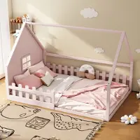 Xdovet Kinderbett,Flachbett,140*200 cm,Hausleiste, Geländer, Kiefernholz, Rosa