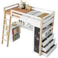 Xkiss Kinderhochbett, Multifunktionales Kinderbett, Mit Leiter, Schreibtisch, Ablagefach, Großraumschublade, Tafel, Regal,Weiß + Natur, 90*200