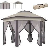 Welikera Pavillon 4x4m Wasserdicht Pop-up sechseckiger Faltpavillon, Doppeldach, Gartenpavillon mit 6 Seitenteilen, Partyzelt inkl. Tragetasche, für Garten, Terrasse, Festival, Kaffee+Beige