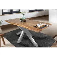 Casa Massiva Esstisch 120 x 80 cm Tim, Baumkantentisch naturfarben, Akazienholz massiv, Spider-Gestell aus Metall Silber