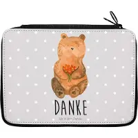 Mr. & Mrs. Panda Etui Bär Dankbar - Grau Pastell - Geschenk, Teddy, Federmappe, Schreibmappe, Dankeschön, Danke, Blumen, Federmäppchen, Schlampermäppchen, Federtasche