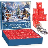 Welikera Adventskalender 2024 Puzzlekalender, 24 Boxen für Erwachsene und Kinder, Familienspiel, 1008 Teile, Weihnachtsdorf, 50 x 70 cm, Blau