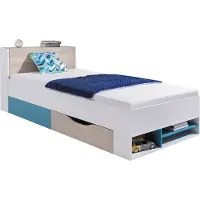 Furniture24 Bett Planet PL-14, Jugendbett mit Federkernmatratze 90x200 cm, Bettschublade und Ausziehbarer Stauraum im Kopfteil Weiß/Eiche/Marine