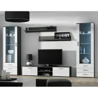 Furniture24 Wohnwand SOHO 4 mit Blauer LED Beleuchtung, Anbauwand, Wohnzimmerschrank, Schrankwand, Vitrine, Lowboard, Hängeregal Grau/Weiß Hochglanz