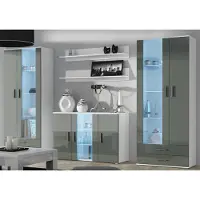 Furniture24 Wohnwand SOHO 10 mit Blauer LED Beleuchtung, Anbauwand, Wohnzimmerschrank, Schrankwand, Vitrine, Lowboard, Hängeregal Weiß/Grau Hochglanz