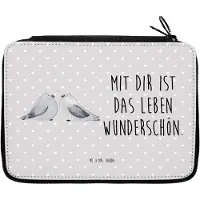 Mr. & Mrs. Panda Federtasche Turteltauben Liebe - Grau Pastell - Geschenk, Federmappe, Freundin, Jahrestag, Mäppchen, Turteltäubchen, Bleistiftetui, Etui, Federmäppchen
