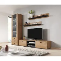 Furniture24 Wohnwand SOHO 1 mit Weißer LED Beleuchtung, Anbauwand, Wohnzimmerschrank, Schrankwand, Vitrine, Lowboard, Hängeregal Lefkas Eiche/Schwarz