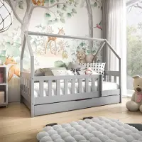 Jerpax Kinderbett mit Matratze und Schublade, Rausfallschutz, 80x160cm Hausbett, Holzbett in Hausform in Grau MILA