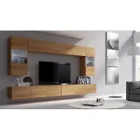 EURO-MEBLE Wohnwand CALABRINI-1 Hängewohnwand, Modern, Schwarz, Hochglanz, mit LED-Beleuchtung, gehärtetes Glas, grifflos, 5 cm, (Eiche Gold / Eiche Gold)