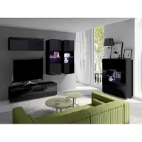 EURO-MEBLE Wohnzimmer-Set CALABRINI-6 Wohnwand Hängewohnwand Schrankwand mit LED-Beleuchtung TV-Schrank Vitrine Kommode Moderne Anbauwand Hochglanz (Schwarz)