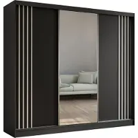 ALTDECOR Kleiderschrank mit Spiegel und Schiebetüren, kugelgelagerte Führungsschienen und Aluminium-Leisten, LED-Beleuchtung (16 Farben) und Fernbedienung - NALLA - 240 cm (Schwarz + Schwarz + Weiß)