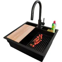 PrimaGran Granitspüle Alles Schwarz 56x54cm, Spülbecken 1 Becken + Ablauf-Set + Küchenzubehörset, Küchenspüle ab 60er Unterschrank - Bergen Pocket