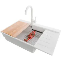 PrimaGran Granitspüle Weiß 78x50cm, Spülbecken 1 Becken + Küchenarmatur 32x20cm + Ablauf-Set + Küchenzubehörset, Küchenspüle ab 60er Unterschrank - Sydney