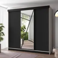 FURMEB24 Schiebetürenschrank LOE 250x205x59 cm Kleiderschrank mit Spiegel, 3-türiger Schiebeschrank (Kaschmir/Schwarz)
