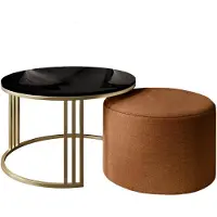 Lookway Couchtisch mit Hocker LORI Hochglanz Gold gebürstet/Schwarz glänzend, Perfect Harmony 52