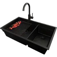 PrimaGran Granitspüle Alles Schwarz 76x47cm, Spülbecken 2 Becken + Ablauf-Set + Küchenzubehörset, Küchenspüle ab 80er Unterschrank - Praga Slim Duo