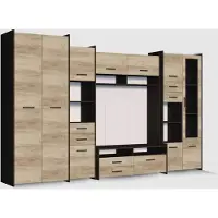EasyFurniture Easy4You Wohnwand MOKKA S B:310 cm Eiche Canterbury/ Country Grau Stilvolles Funktionales Möbelset für Wohnzimmer viel Stauraum Moderner Optik Kleiderschrank Bücherregal Lowboard Vitrine