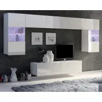 Ravio Wohnwand Amanda II Oberschrank Schrankwand mit zwei Vitrinen 150 cm breite TV Schrank Wohnzimmer-Set (Weiß matt + Weiß Hochglanz Fronten)