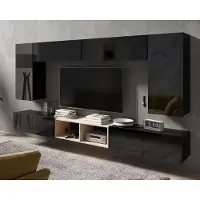 Ravio Wohnwand Amanda XII Komplette Möbelwand Breite 300cm Anbauwand Wohnzimmer-Set Hängewohnwand (Schwarz matt + Schwarz Hochglanz Fronten / Artisan Eiche)