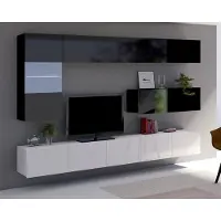 Ravio Wohnwand Amanda III Schrankwand mit Vitrine zwei tv-Schränke Oberschrank Gesamtbreite 255cm (Schwarz matt + Schwarz Hochglanz Fronten / Weiß matt + Weiß Hochglanz Fronten)