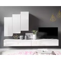 Ravio Wohnwand Amanda XI Breite 300cm Anbauwand Moderne Schrankwand TV-Schrank (Weiß matt + Weiß Hochglanz Fronten)