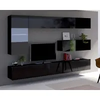Ravio Wohnwand Amanda III Schrankwand mit Vitrine zwei tv-Schränke Oberschrank Gesamtbreite 255cm (Schwarz matt + Schwarz Hochglanz Fronten)